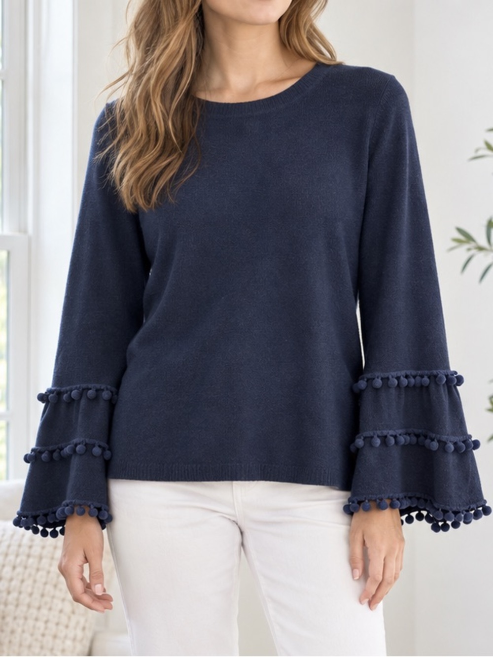 Two Bees Cashmere Wool Blend Pullover Sweater Bell Pom Pom Sleeves sz Large